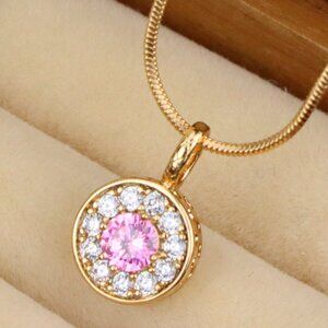 "Round Pink Center Pendant with Clear Crystal Halo, XPPT1593